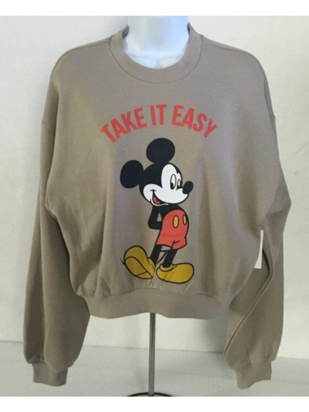 Disney Sweatshirt Size M Lt Brown w Take It Easy n Mickey Mouse Front Back New